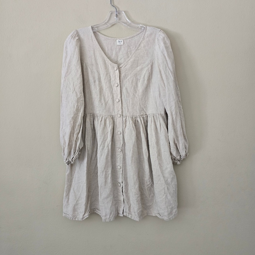 Opia Linen Button Front Puff Sleeve Mini Dress Oatmeal Beige XS
